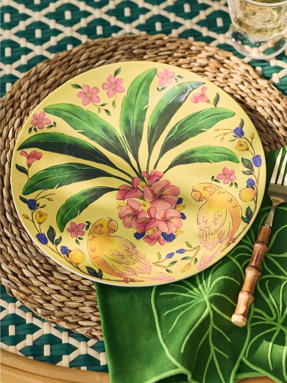 🌴 Anthropologie Melamine Dinner Plates Tropical Birds 10.75” FARM Rio Set of 4
